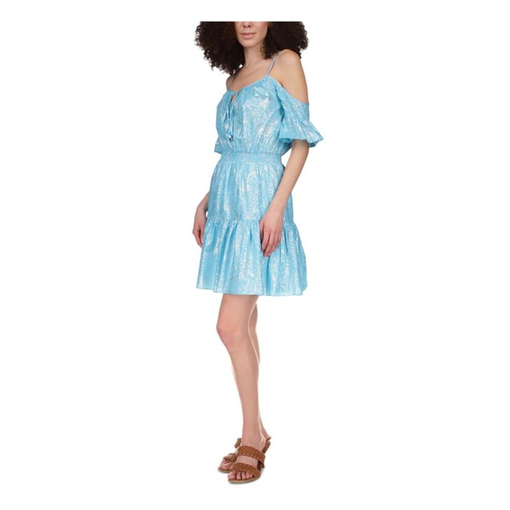 MICHAEL KORS Womens Aqua Adjustable Ruffle Lined Tie Split Dress S